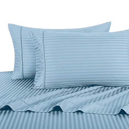 Royal Hotel Stripe Blue Queen Size Sheets, 4PC Bed Sheet Set, 100% Cotton, 300 Thread Count, Sateen Striped, Deep Pocket