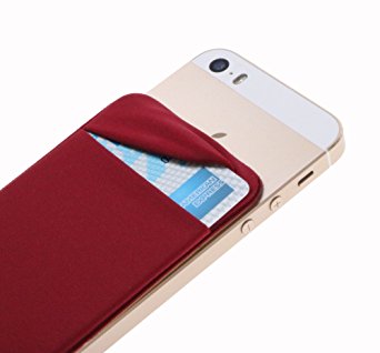 Case Art Plus Credit Card Secure Holder Stick on Wallet [ Lid ] Discreet ID Holder Lycra Spandex Card Sleeves for Smartphones, iPhone 6, Samsung Galaxy Cell Phone Wallet Case 3M Adhesive (Wine)