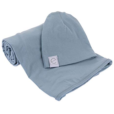 Cotton Knit Jersey Swaddle Blanket and 2 Beanie Baby Hats Gift Set, Large Receiving Blanket by Ely's & Co (Dusty Blue)