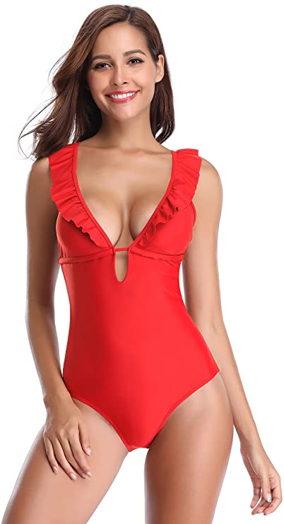 SHEKINI Women's Ruffles One Piece Swimsuits Back Criss Cross Bathing Suits