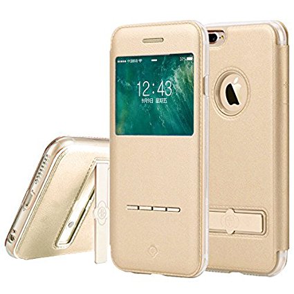 iPhone 7 Plus Case, Tomplus [View Window] [Smart Touch Series] Folio Flip PU Leather Case [Magnetic Closure], Unique Case for Apple iPhone 7 Plus with Stand & Metal Sensor Feature 5.5 inch (Gold)