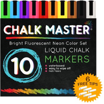 Chalkmaster Liquid Chalk Markers - Huge 10 Color Liquid Chalk Premium Artist Quality Marker Pen Set  6 FREE Additional 6 mm Reversible Chisel to Bullet Point Tips - 100 Satisfaction Guarantee