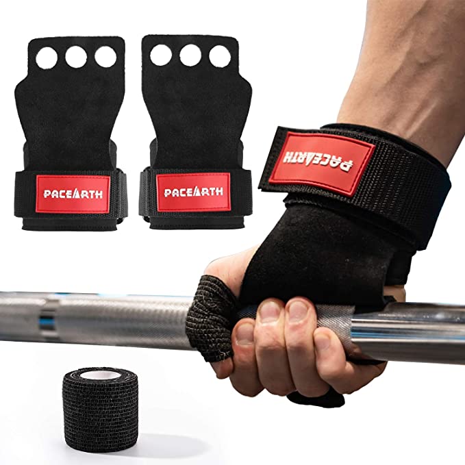 PACEARTH Leather Gymnastics Hand Grips, 3 Hole Gloves with Comfortable Palm Protection-Great for Pull-ups, Wods,Weight Lifting,Kettlebells and Cross Training