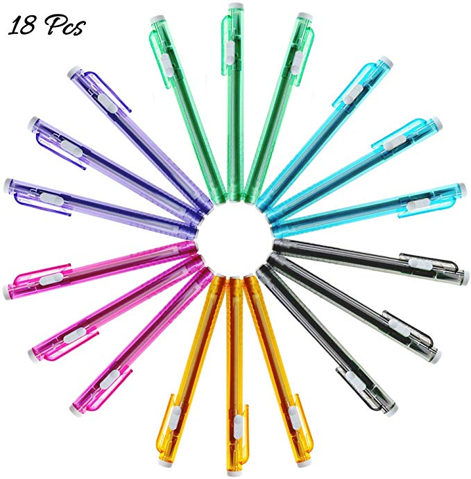 18Pcs Retractable Pen Shaped Eraser with Grip, AUHOKY Portable Pen Style Pencil Eraser for School Office, Rubber Stick Eraser for Kids Students Drawing Painting Writing Gift (6 Colors)