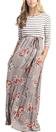 MEROKEETY Women's Striped Floral Print 3/4 Sleeve Tie Waist Maxi Dress With Pockets