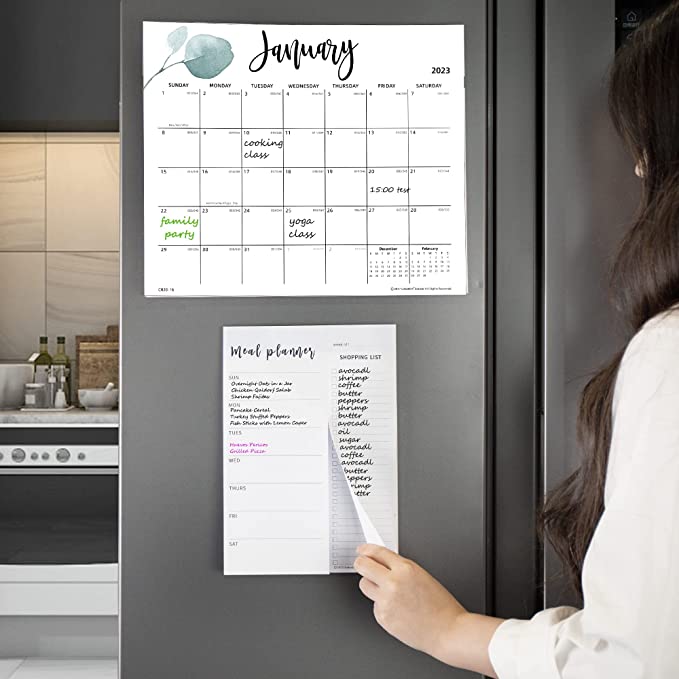 2023 Magnetic Calendar for Fridge, Cabbrix Fridge Calender and Meal Planner with Grocery List, 13 x 11 Inch Refrigerator Calendar 2023, 7 x 10 Inch Meal Planning Notepad with Tear Off Shopping List 81-Pages