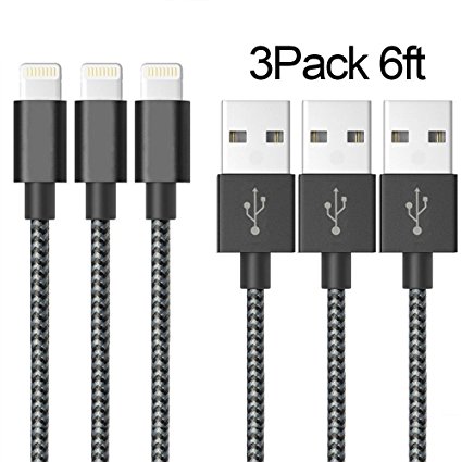 CBoner Lightning Cable,3Pack 6FT Nylon Braided Cord iPhone Cable to USB Charging iPhone Charger for iPhone 7/7 Plus/6/6 Plus/6S/6S Plus,SE/5S/5,iPad,iPod Nano 7 (Black White,6FT)