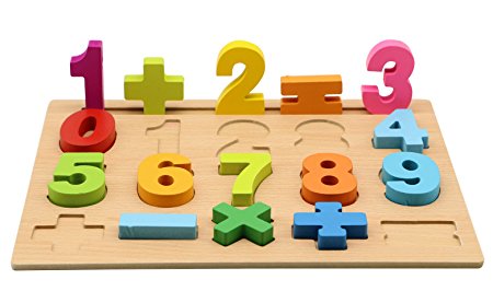 Motrent Stand Up Wooden Number Puzzle Board Toy for Kids, with 10 Numbers and 5 Math Signs