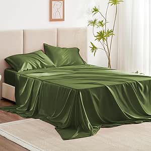 Love's cabin Satin Queen Bed Sheet Set - 4 Piece, Sage, Silky Soft, Deep Pocket, Luxury Feel