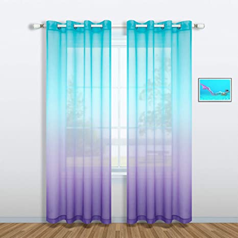 Lilac and Turquoise Curtains for Girls Room Decor Set of 1 Panel Grommet Window Voile Sheer Drapes Purple Teal Ombre Curtains for Bedroom Girls Decorations Kids Mermaid Nursery 52 x 84 Inch Length