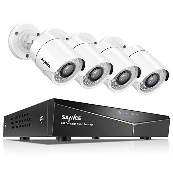 SANNCE 4CH 1080N Surveillance Camera System and (4) 1.0MP 720P Indoor/Outdoor Weatherproof White Bullet Cameras, IR Night Vision, Easy Remote Access (No HDD)