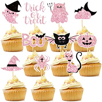 50 Pieces Halloween Cupcake Toppers, Halloween Pink Glitter Cupcake Toppers Set with Witch Hat, Spider, Pumpkin, Ghost, Cat, Bat for Halloween Baby Shower Birthday Kitchen Baking Supplies