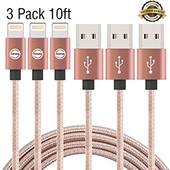 iPhone Cable SGIN,3Pack 10FT Nylon Braided Cord Lightning to USB iPhone Charging Charger for iPhone 7,7 Plus,6S,6 Plus,SE,5S,5,iPad,iPod Nano 7(Rose Gold)