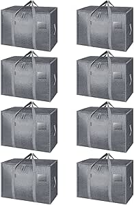 BALEINE 25 Gallon Moving Totes with Reinforced Handles, Heavy-Duty UnderBed Storage Bag for Moving Boxes, Clothes, Travel (8 Pack, Grey)