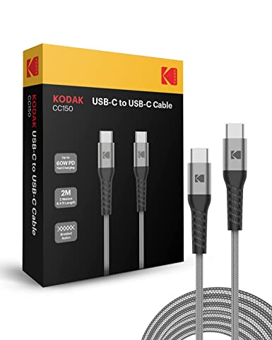 KODAK CC150 USB 2.0 Type C- C Cable | 6.5 ft (2M) | 60W PD Fast Charging | Compatible with MacBook, iPads, Galaxy S21 Series, S20 Series, Note 20 Series, Pixel 4XL/4/3XL Series - Grey KD40009