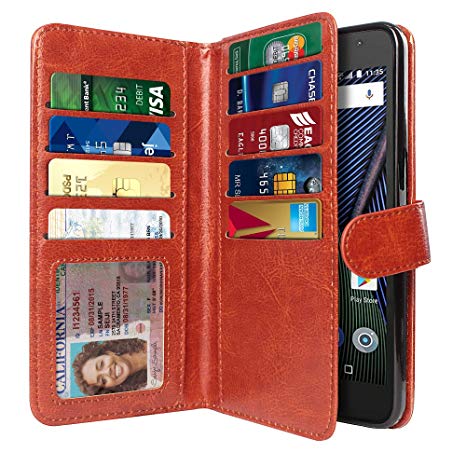 NEXTKIN Moto G5 Plus Case, Leather Dual Wallet Folio TPU Cover, 2 Large Pockets Double flap Privacy, 9 Card Slots Snap Button Strap For Motorola Moto G5 Plus 5.2 inch - Dark Brown