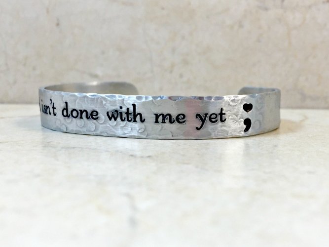 Heart Semicolon Silver Aluminum Cuff - God Isn't Done With Me Yet