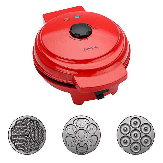 Finether Waffle Maker Machine, Multi-Plate Waffle Iron, Mini 3-in-1 Non-Stick Snack Maker Adjustable Temperature, Easy to Clean, Cord Wrap & Cool Touch Handle, Red