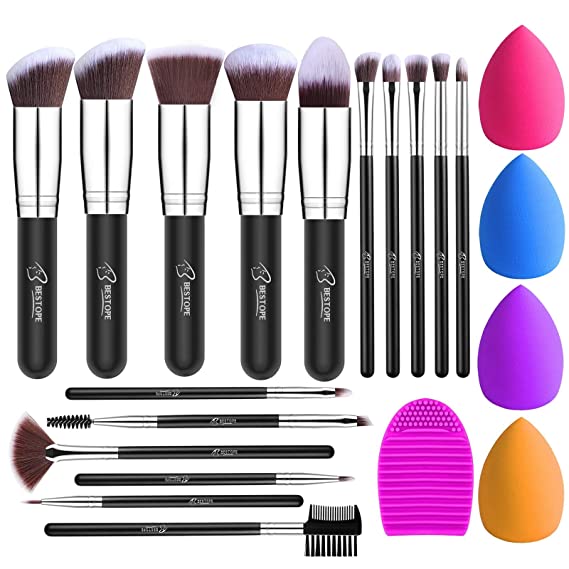 BESTOPE Makeup Brushes 16PCs Makeup Brushes Set with 4PCs Makeup Sponge and 1 Brush Cleaner Premium Synthetic Foundation Brushes Blending Face Powder Eye Shadows Make Up Brushes Tool(silver)