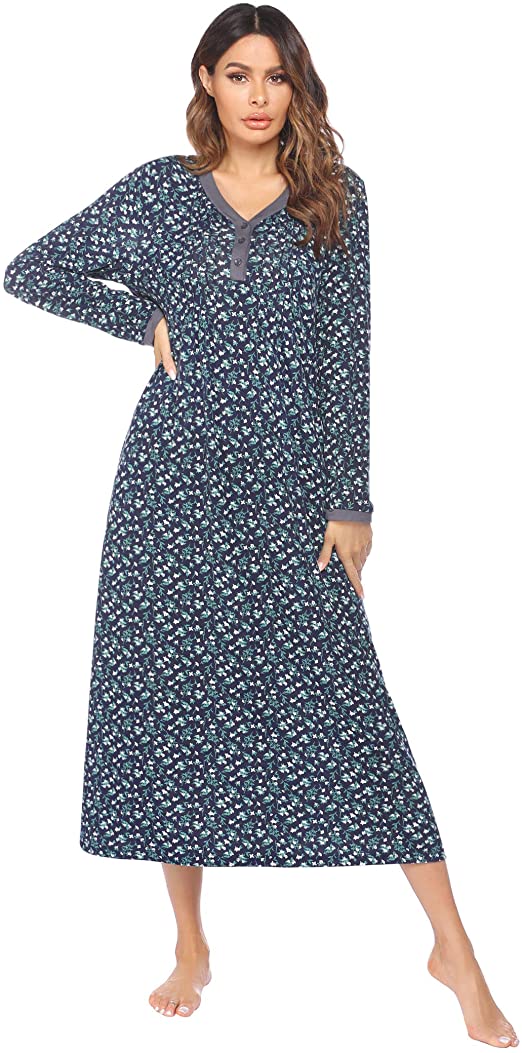 Ekouaer Womens Nightshirt Long Sleeve Nightgown Casual Sleepwear Full Length Sleep Dress