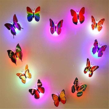 12 PCS Colorful Stick-on Mood Light LED Butterflies Night Light Wall/Window Sticker Toy for Kids Bedroom