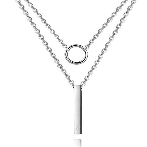 925 Sterling Silver Double-Deck Necklace with Ring and Bar Pendant Choker Necklace