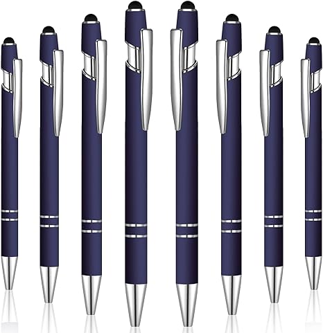 8 Pieces Ballpoint Pen with Stylus Tip Black Ink 2 in 1 Stylus Metal 1.0 mm Medium Point Smooth Pen Rainbow Colorful Rubberized Ballpoint Pen for Touch Screen Tablet (Dark Blue)