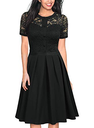MISSMAY Women's Vintage Floral Lace Pleated Cocktail Party Fit and Flare Dress