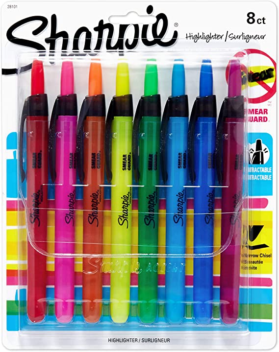 Sharpie Liquid Retractable Highlighters Assorted Colors, Chisel Tip Highlighter Pens, 8 Count