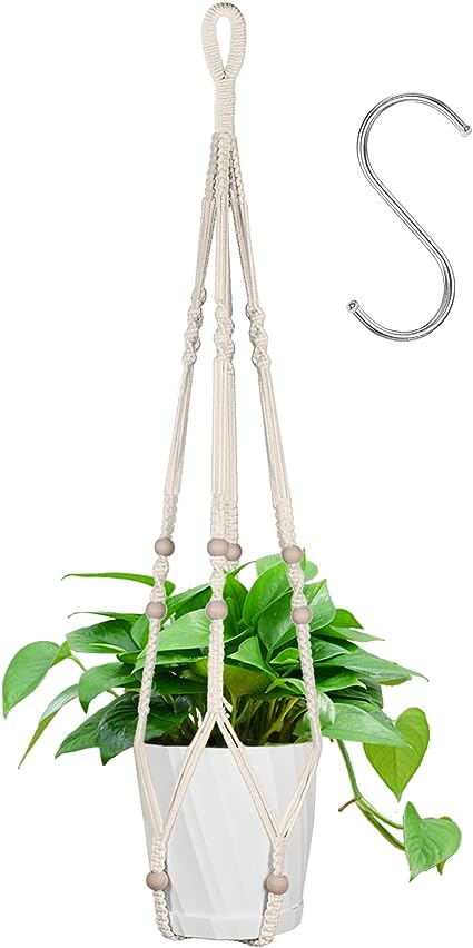 flintronic 1PC Colgador de Plantas de Cuerda de Algodón,Macramé con Cuentas de Madera,para Interior/Exterior/Pared Decoración,con 1PC S Gancho