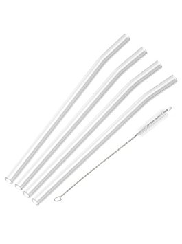 C-thru Glass Drinking Straws Bent (clear) 9.5 X 9.5 mm; SET of 4 straws with Nylon Cleaning Brush