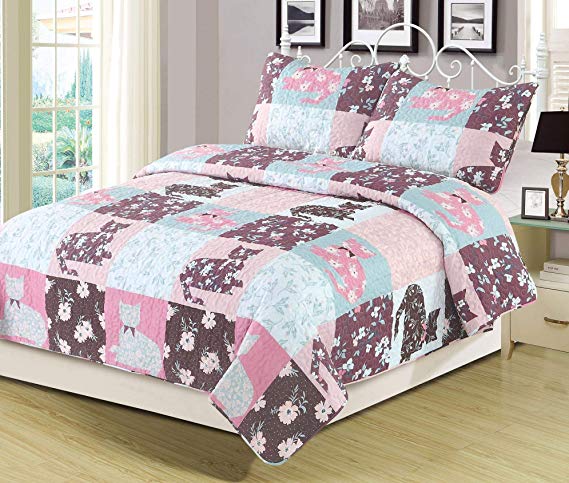 HowPlum Twin Quilt Floral Patchwork Cats Bedspread Bedding 2 Piece Set Pink Blue Purple