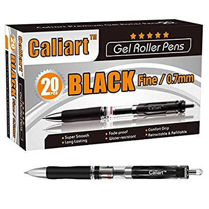 Caliart Retractable Gel Ink Rollerball Pens Black Gel Pens Medium Ballpoint Pens for Smooth Writing with Comfort Grip, 20 Count(0.7 mm)