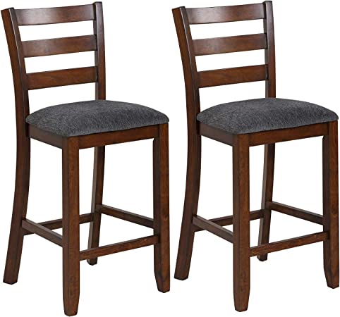 COSTWAY Set of 2 Counter Height Bar Stool, 25.5-Inch Upholstered Bar Stools with Solid Rubber Wood Frame, Foam-Padded Cushion, Footrest, Kitchen Chair for Bistro, Living Room, Grey and Brown