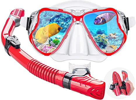 Dry Snorkel Mask Set Snorkeling Gear – Foldable Dry Snorkel Set with Dry-Wet Switchable Float Valve, Purge Valve Tube, Anti Fog 180 Panoramic Silicone No Leak Seal Mask for Adults and Youth