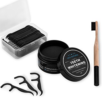 Activated Charcoal Teeth Whitening Powder Coconut Charcoal Powder, Organic Safe Effective Tooth Whitener 60g with with 1 Bamboo Toothbrushes and 50 Dental Floss Picks to keep Your Healthier Teeth