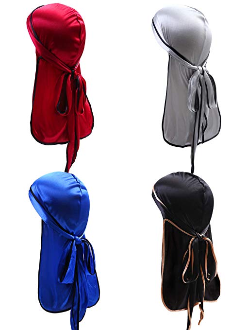 URATOT 4 Pieces Silky Soft Durag Cap Headwrap with Long Tail Silky Pirate Durag Cap for Mens or Womens