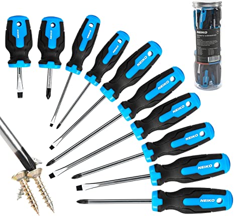 Neiko 01378A Magnetic Screwdriver Set | 10 Piece | Phillips & Flathead | Heat Treated Chrome Vanadium Steel | Slotted Head Tip with Non-Slip Cushioned Handle Grips | Small Screw Driver Tool Kit