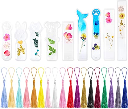 27 Pieces Silicone Bookmark Mold Set, Including 9 Pieces Cute Bookmark Resin Mold DIY Bookmark Silicone Mould and 18 Pieces Colorful Tassel Craft for DIY Bookmark Making Supplies