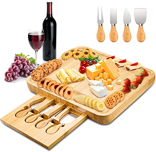 Mosskic Cheese Board and Knife Set,Bamboo Charcuterie Boards Platter Serving Tray for Housewarming Party Birthday Wedding Gifts