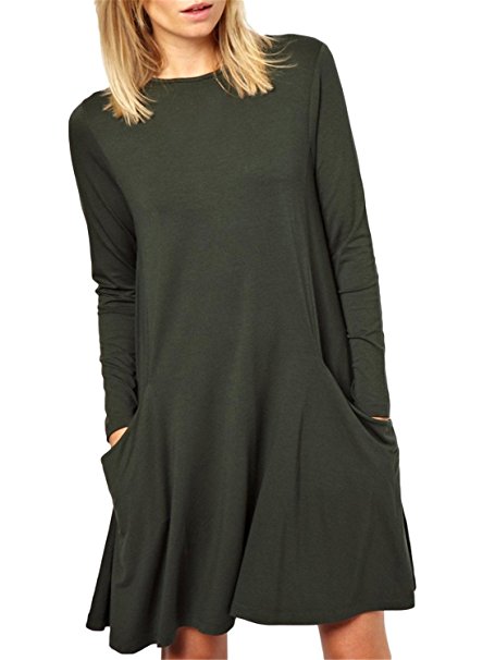 Wearlove Women's Basic Long Sleeve Pockets Casual Loose Plain Tshirt Dress