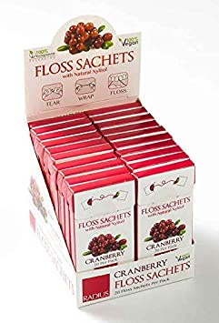 RADIUS Vegan Natural Soft Floss, Xylitol for an Oral Care Boost, Total Tooth and Gum Protection, Cranberry (Pack of 20 Sachets)