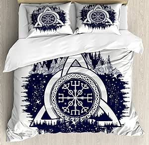 Ambesonne Blue and White Duvet Cover Set, Celtic Knot with Tridents Forest and Mountains Scandinavian Culture, Decorative 3 Piece Bedding Set with 2 Pillow Shams, King Size, Dark Blue White