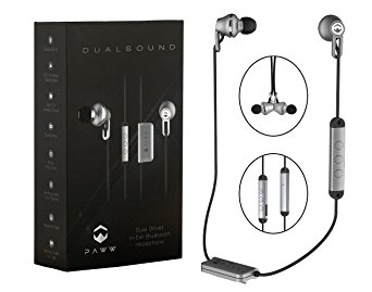Paww DualSound Wireless In Ear Headphones | Premium Bluetooth 4.1 Memory Foam Earbuds with Dual Drivers, CVC Noise Suppression, aptX Sound, Magnetic Tips & Rechargeable Lithium-Ion Battery (Gray)