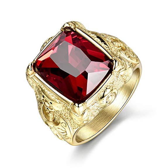 MASOP Luxury Gold Tone Engraved Mens Stainless Steel Rings with Red Ruby Garnet Color Stone Size 8-12