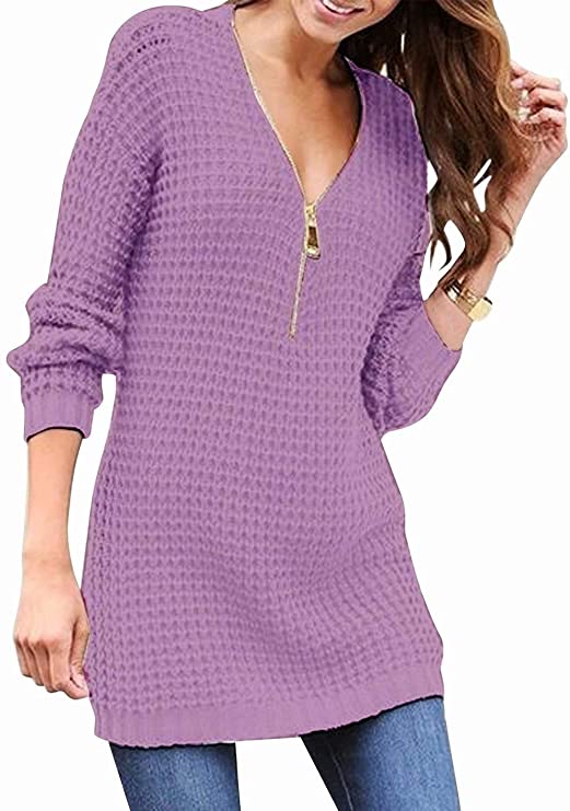 Hiistandd Women Sexy V-Neck Knit Sweater Zip Front Long Sleeve Shirt