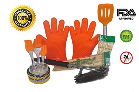 CoolKo 10 in 1 BBQ Grill Gift Set?2 Heat Resistant Silicone BBQ Oven Gloves?18"Stainless steel 3 Wire Grill Brushes in 1?3 Heat Resistant Silicone Pastry Brushes with 4 Special Bonus