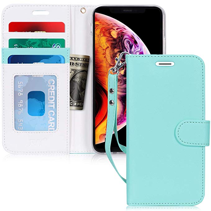FYY Leather Wallet Case for Apple iPhone Xr (6.1") 2018, [Kickstand Feature] Flip Folio Case with ID Credit Card Pockets, Note Holder, and Wrist Strap for Apple iPhone Xr (6.1") 2018 Mint Green