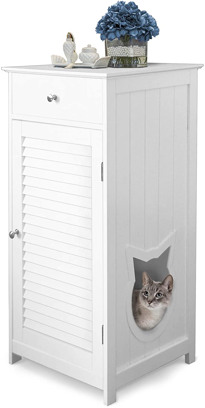 Penn-Plax Cat Walk Furniture: Contemporary Home Cat Litter Enclosure - Storage Drawer, Inner Shelf, and Shutter Style Door - White