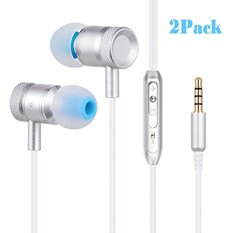 Sunnest In-Ear Earbud Headphones with 3.5mm Jack, Inline Remote and Microphone, Silver (2 Pack)